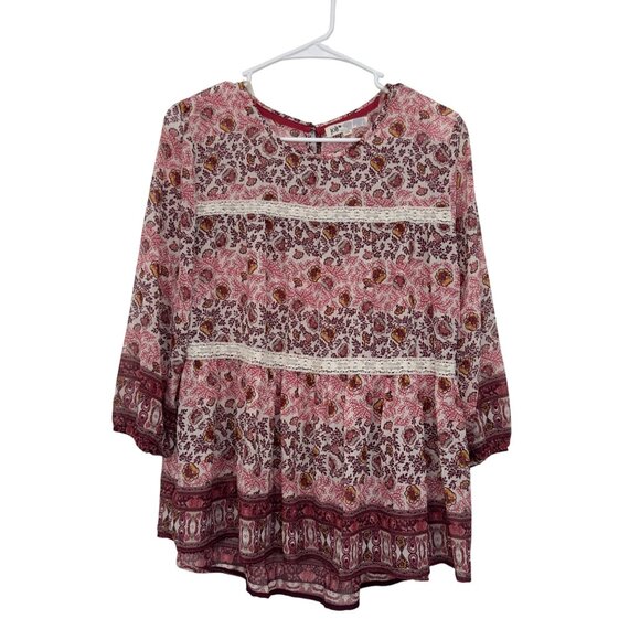 Jolt  Pink&Burgundy Bohemian Floral Long Sleeve Top Blouse SZ M Tiered Design - Picture 9 of 9